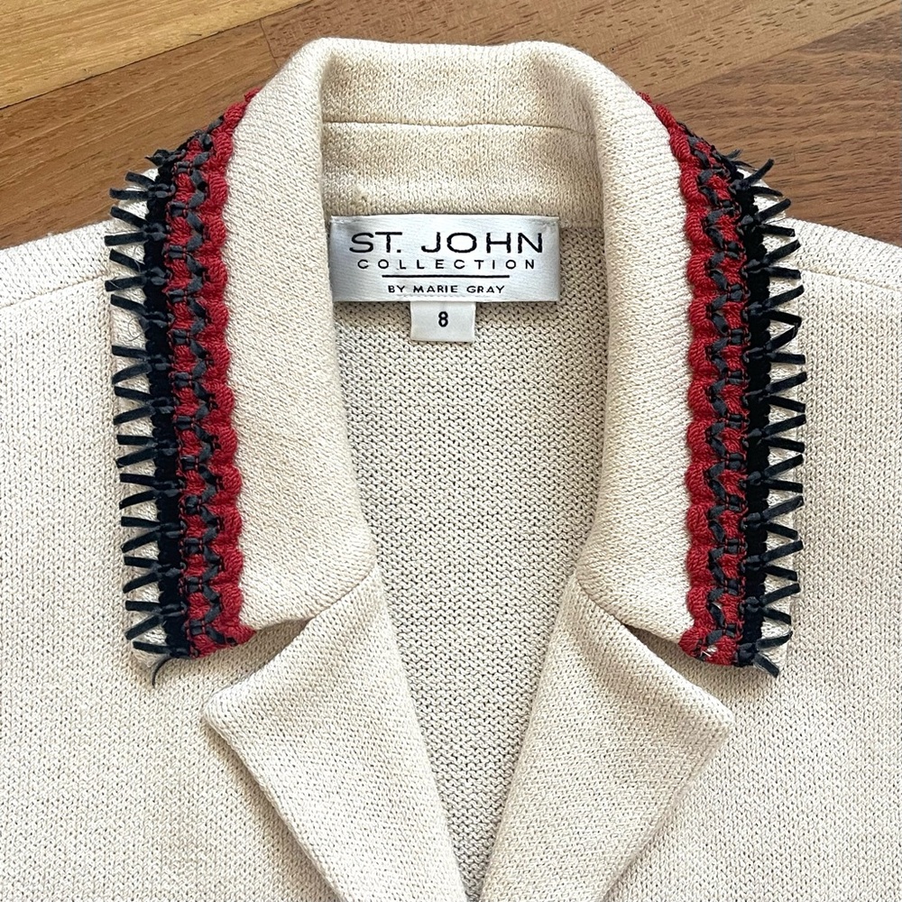 ST JOHN COLLECTION Fringe Jacket Coat SIZE 8 Ivory Red Cardigan Santana Knits - Picture 2 of 9